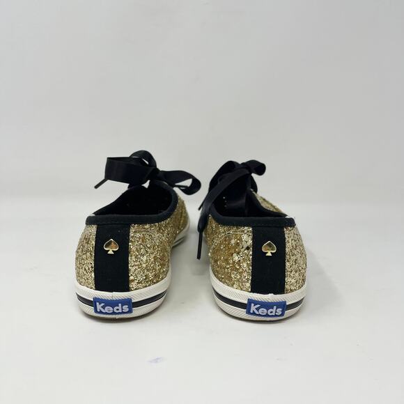 Keds x Kate Spade Glitter Lace Up Sneaker Womens 7 Gold Glitter Black Ribbons - Picture 3 of 9
